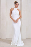 Marion White High Neck Maxi Dress With Statement Train