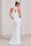 Marion White High Neck Maxi Dress With Statement Train