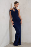 Clementine Navy Asymmetric Neckline Maxi Dress With Thigh Split