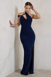 Clementine Navy Asymmetric Neckline Maxi Dress With Thigh Split