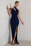 Clementine Navy Asymmetric Neckline Maxi Dress With Thigh Split