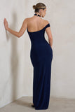 Clementine Navy Asymmetric Neckline Maxi Dress With Thigh Split