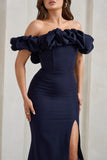 Esmeralda Navy Structured Statement Bardot Maxi Dress