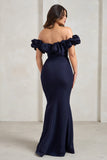 Esmeralda Navy Structured Statement Bardot Maxi Dress