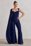 Vivi Navy Asymmetric Cape Sleeve Jumpsuit