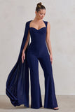 Vivi Navy Asymmetric Cape Sleeve Jumpsuit