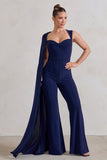 Vivi Navy Asymmetric Cape Sleeve Jumpsuit