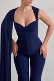 Vivi Navy Asymmetric Cape Sleeve Jumpsuit