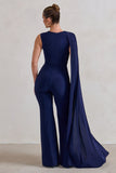 Vivi Navy Asymmetric Cape Sleeve Jumpsuit