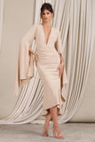 Calla Champagne Ruched Long-Sleeved Flared Midi Dress