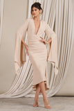 Calla Champagne Ruched Long-Sleeved Flared Midi Dress