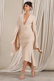 Calla Champagne Ruched Long-Sleeved Flared Midi Dress