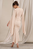 Calla Champagne Ruched Long-Sleeved Flared Midi Dress