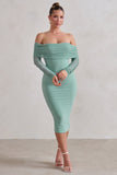 Only You Sage Ruched Mesh Bardot Midi Dress