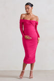 Neva Hot Pink Bardot Twist Maternity Midi Dress