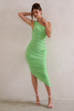 Dorit Light Green One Shoulder Asymmetric Ruched Midi Dress