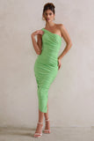 Dorit Light Green One Shoulder Asymmetric Ruched Midi Dress