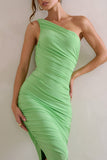 Dorit Light Green One Shoulder Asymmetric Ruched Midi Dress