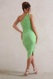 Dorit Light Green One Shoulder Asymmetric Ruched Midi Dress