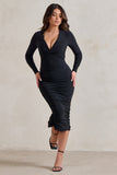 Renee Black Plunge Twist Neckline Long Sleeve Ruched Midi Dress