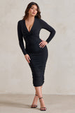 Renee Black Plunge Twist Neckline Long Sleeve Ruched Midi Dress