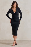 Renee Black Plunge Twist Neckline Long Sleeve Ruched Midi Dress