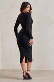 Renee Black Plunge Twist Neckline Long Sleeve Ruched Midi Dress