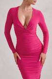 Renee Hot Pink Plunge Twist Neckline Long Sleeve Ruched Midi Dress