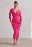 Renee Hot Pink Plunge Twist Neckline Long Sleeve Ruched Midi Dress