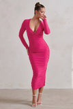 Renee Hot Pink Plunge Twist Neckline Long Sleeve Ruched Midi Dress