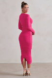 Renee Hot Pink Plunge Twist Neckline Long Sleeve Ruched Midi Dress