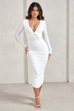 Renee White Plunge Twist Neckline Long Sleeve Ruched Midi Dress