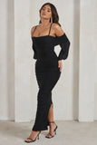 Announcement Black Bardot Mesh Ruched Maxi Dress