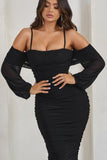 Announcement Black Bardot Mesh Ruched Maxi Dress