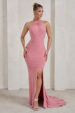 Jodie Powder Pink Halterneck Fishtail Maxi Dress With Split