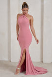 Jodie Powder Pink Halterneck Fishtail Maxi Dress With Split