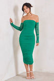 Sorella Green Ruched Mesh Bardot Midi Dress