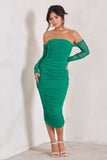 Sorella Green Ruched Mesh Bardot Midi Dress