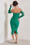 Sorella Green Ruched Mesh Bardot Midi Dress