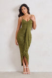 Dorothy Olive Green Plunge V Neckline Ruffle Midi Dress