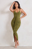 Dorothy Olive Green Plunge V Neckline Ruffle Midi Dress