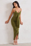 Dorothy Olive Green Plunge V Neckline Ruffle Midi Dress