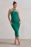 Connie Green Ruched Asymmetric Neckline Midi Dress