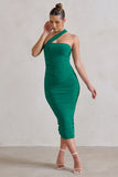 Connie Green Ruched Asymmetric Neckline Midi Dress