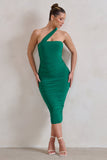 Connie Green Ruched Asymmetric Neckline Midi Dress