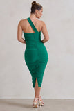 Connie Green Ruched Asymmetric Neckline Midi Dress