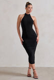 Chrissy Black Halterneck Ruched Midi Dress