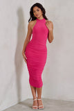 Chrissy Hot Pink Halterneck Ruched Midi Dress