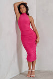 Chrissy Hot Pink Halterneck Ruched Midi Dress