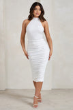 Chrissy White Halterneck Ruched Midi Dress